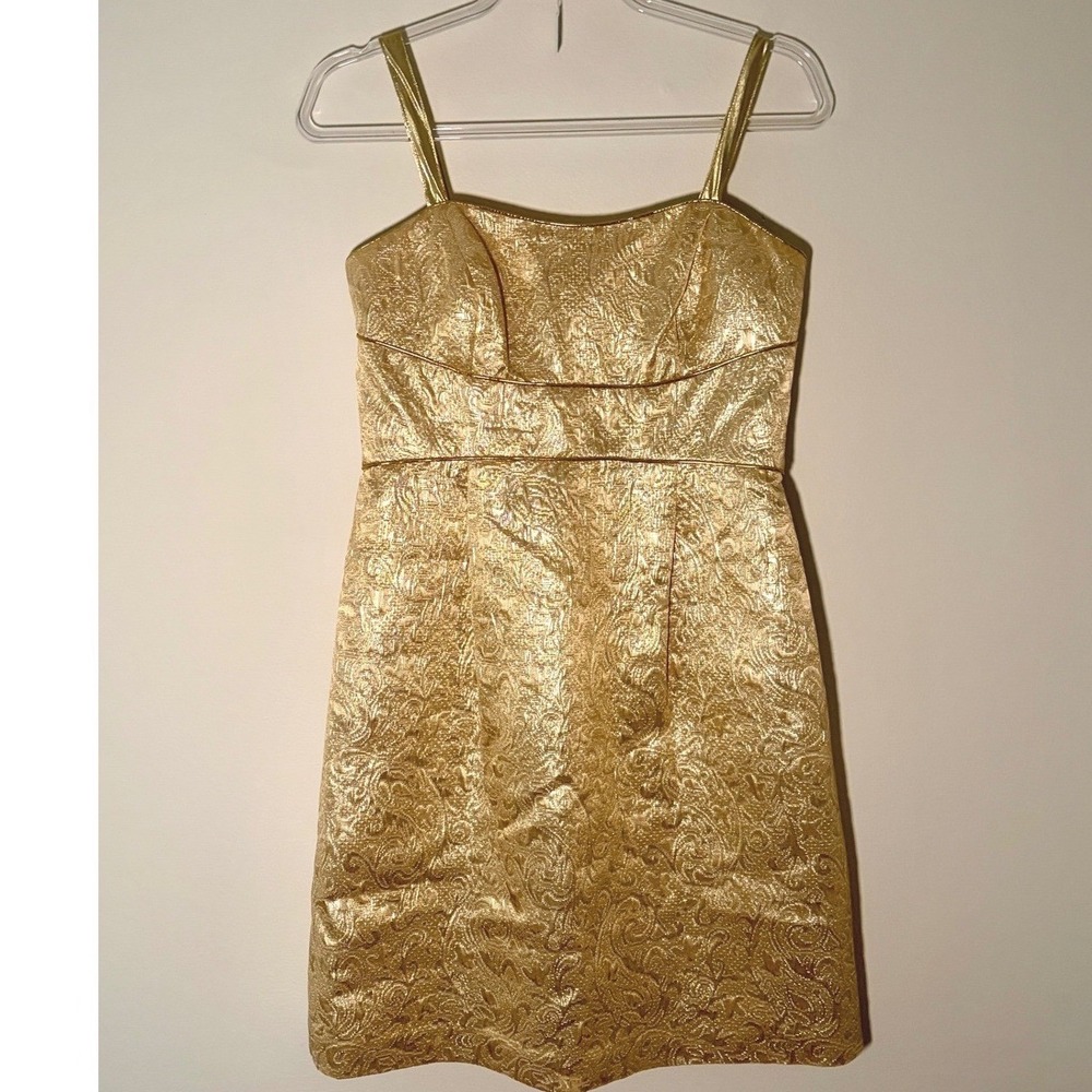 Max and Cleo Gold Metallic Brocade Paisley Cocktail Dress Sz 8 Sweetheart Mini